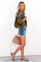 Green Large Pockets Hooded Cropped Denim Jacket LC788165-9