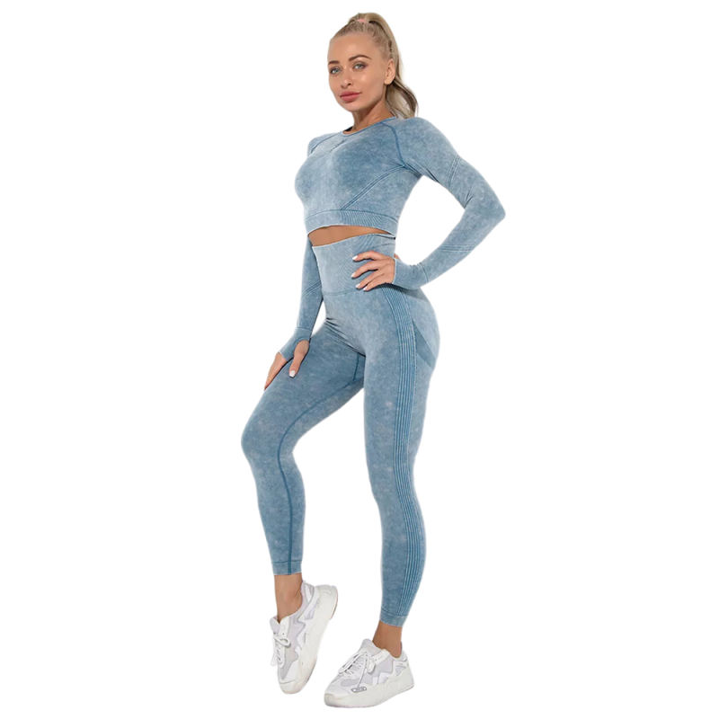 Blue Nylon Seamless Long Sleeve Pant Yoga Set TQE91361-5