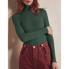 Green Ribbed High Collar Long Sleeve Bodysuit TQV220125-9