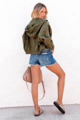 Green Large Pockets Hooded Cropped Denim Jacket LC788165-9