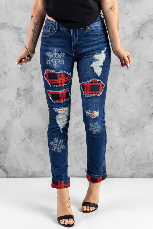 Red Snowflake Print Plaid Insert Distressed Ripped Jeans LC7872165-3