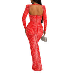 Red Padded Rhinestone Mesh Long Sleeve Maxi Dress TQK311267-3