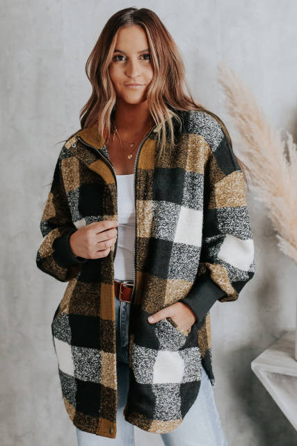 Black Zipper Side Pockets Plaid Overcoat LC859014-2