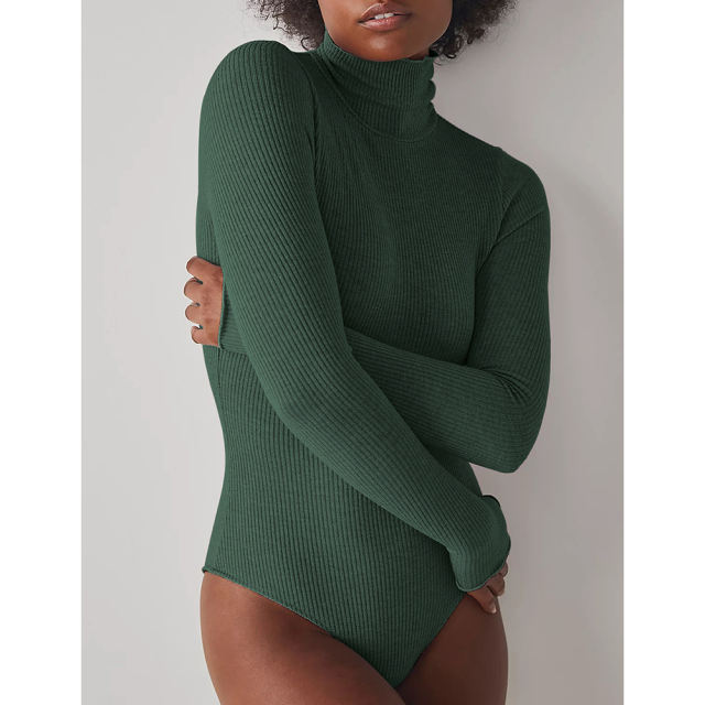 Green Ribbed High Collar Long Sleeve Bodysuit TQV220125-9