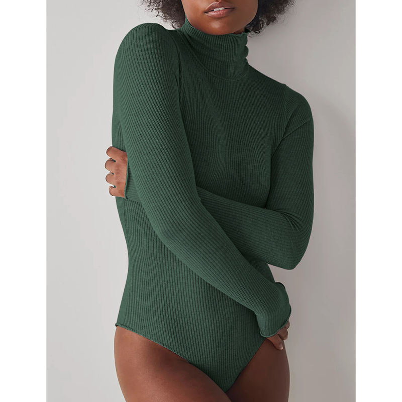 Green Ribbed High Collar Long Sleeve Bodysuit TQV220125-9