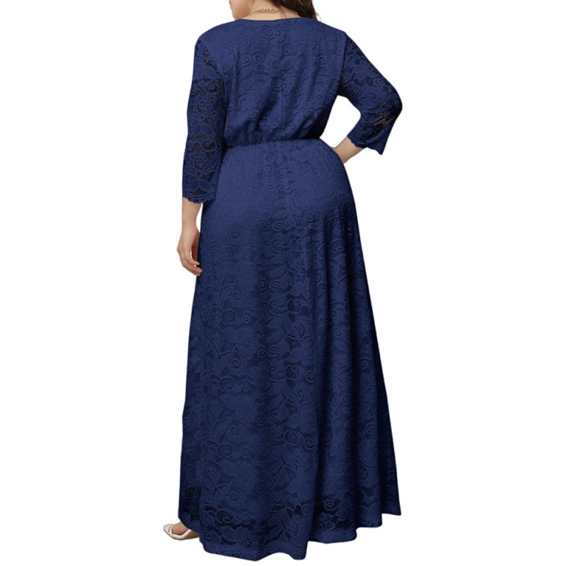 Navy Blue V-Neck Lace Plus Size Dress TQK310997-34
