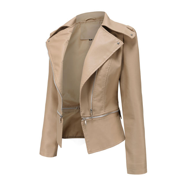 Apricot Removable Hem Leather PU Leather Jacket TQK280125-15