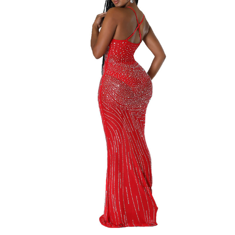 Red All-over Rhinestones Asymetric Neck Maxi Dress TQK311317-3