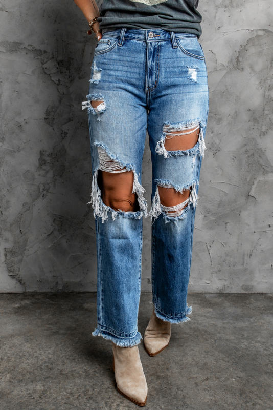 Sky Blue Distressed Holes Hollow-out Boyfriend Jeans LC783885-4