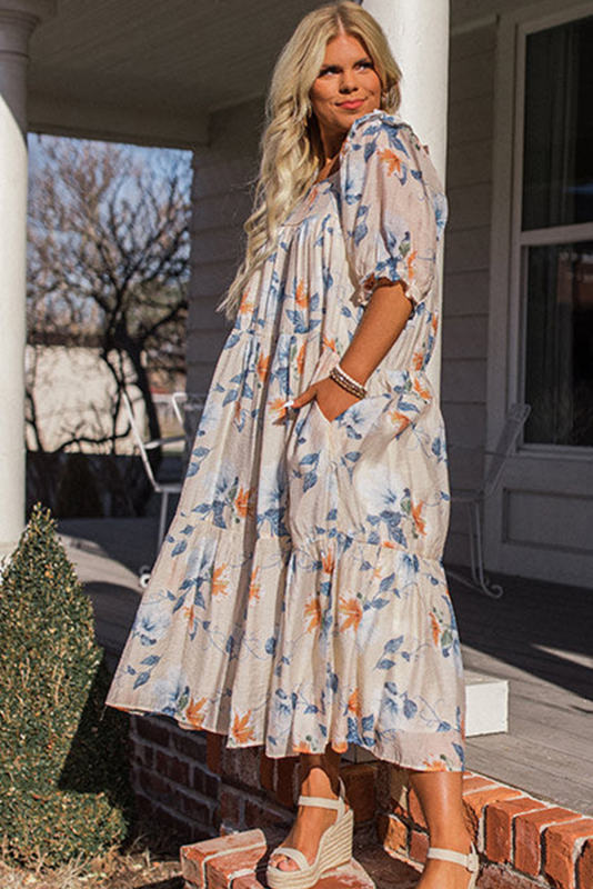 White Floral Print Puff Sleeve Square Neck Plus Size Dress PL61084-1