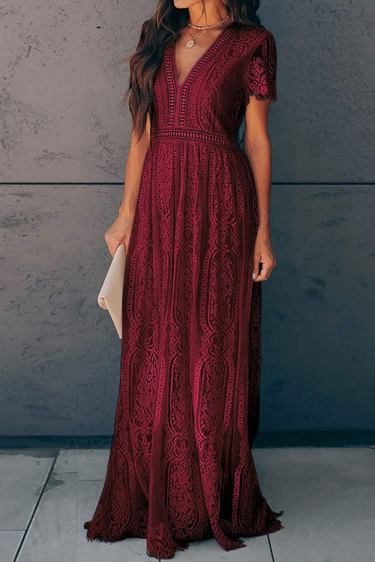 Burgundy Deep V Neck Short Sleeve Lace Maxi Dress LC611316-103