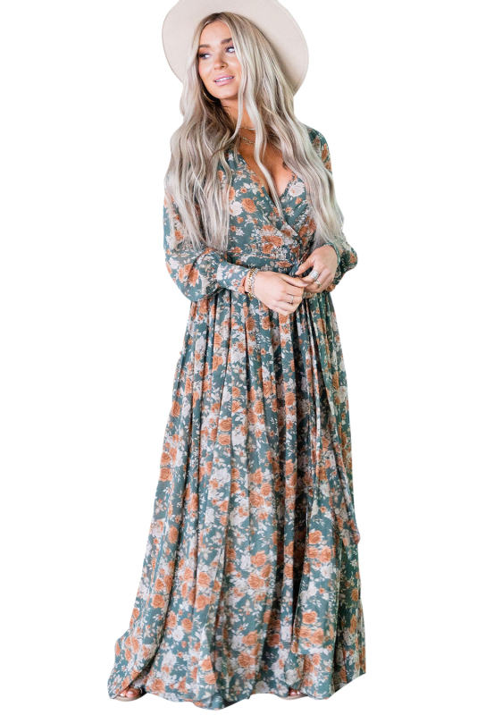 Green Floral Print Surplice V Neck Maxi Dress LC6110881-9