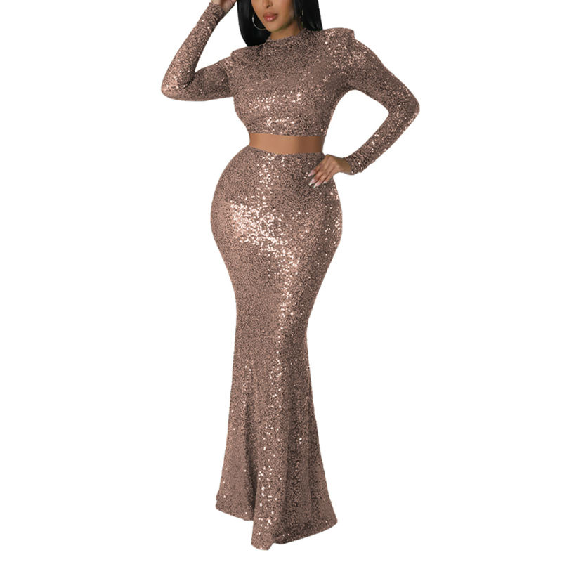 Champagne Sequined Crop Top with Fishtail Skirt Set TQV810034-53