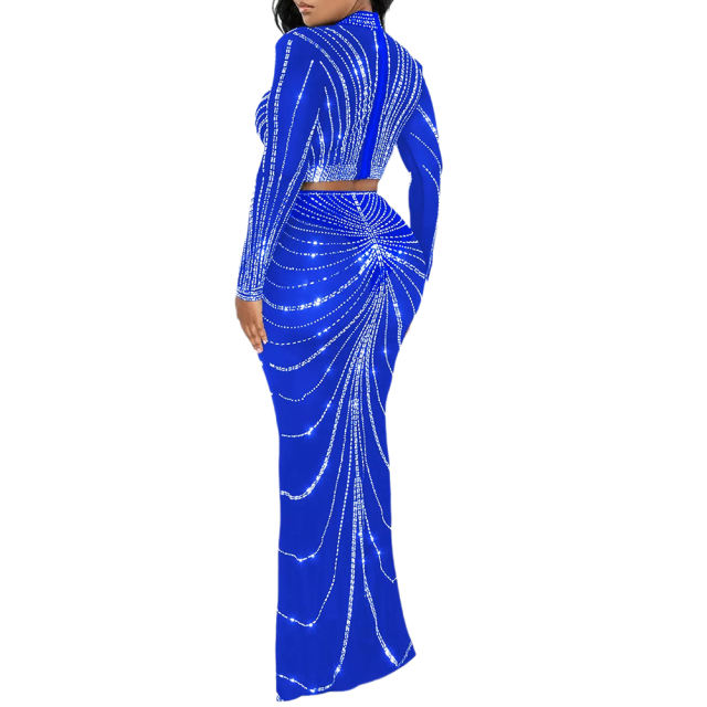 Blue Rhinestones Long Sleeve Crop with Maxi Skirt Set TQV810029-5