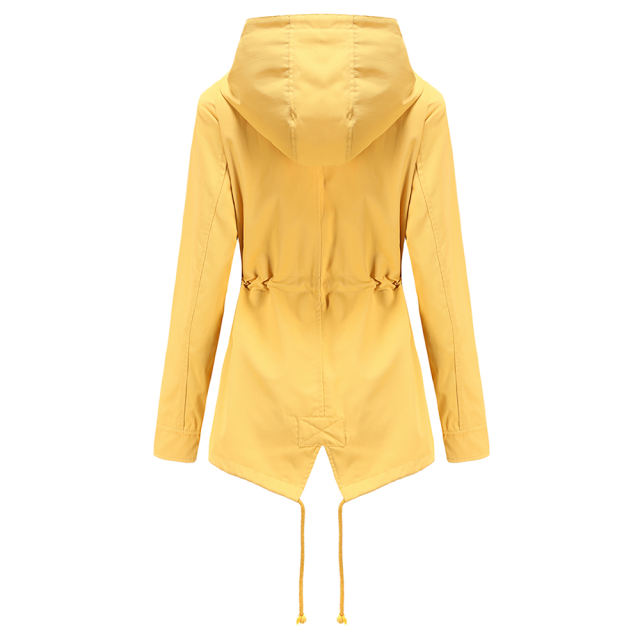 Yellow Waist Drawstring Hooded Outdoor Rainproof Coat TQK280126-7