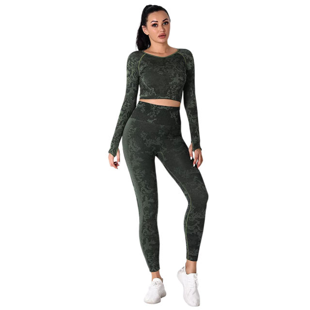 Army Green Camo Knit Seamless Long Sleeve Pant Yoga Set TQE91362-27