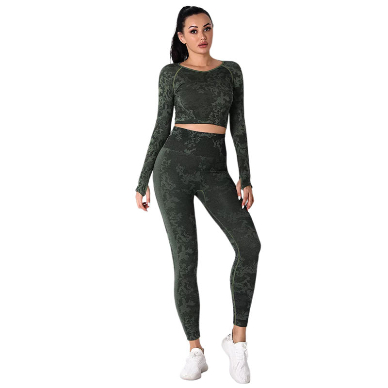 Army Green Camo Knit Seamless Long Sleeve Pant Yoga Set TQE91362-27