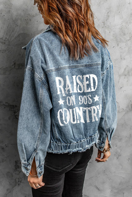 Sky Blue Raised On 90\'s Country Distressed Denim Jacket LC788244-4