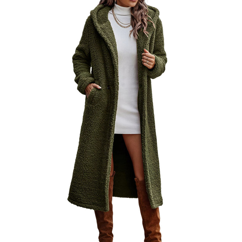 Army Green Open Front Long Sleeve Hooded Fleece Coat TQK280217-27