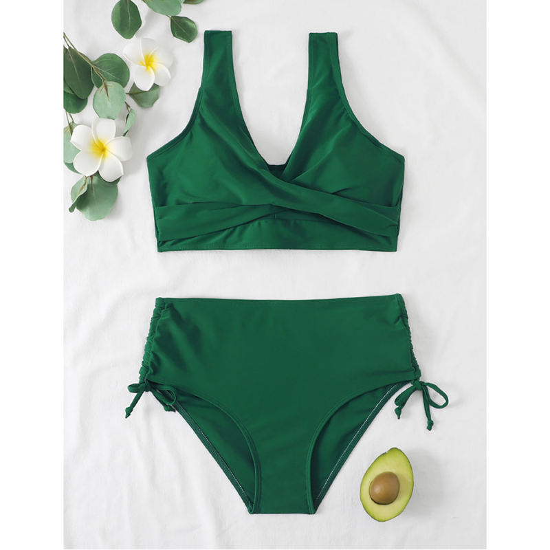 Green Cross Front Drawstring Side High Waist Bikini Swimsuit TQK610320-9