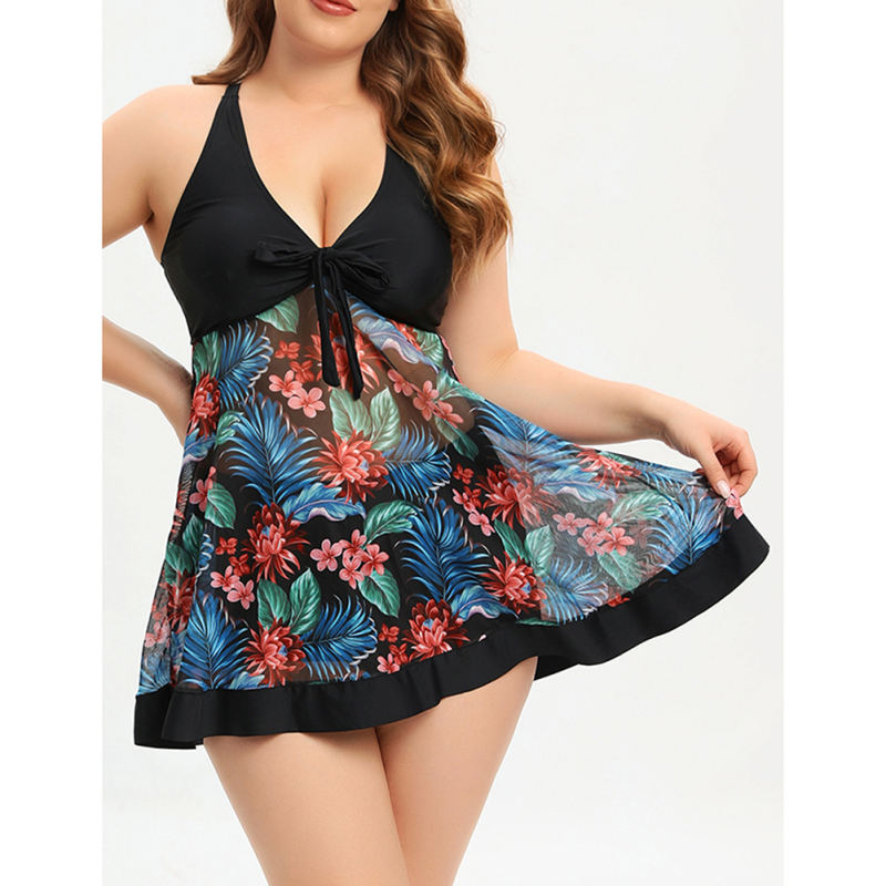Black Splicing Mesh Floral Print Plus Size Swimdress TQX610026-2