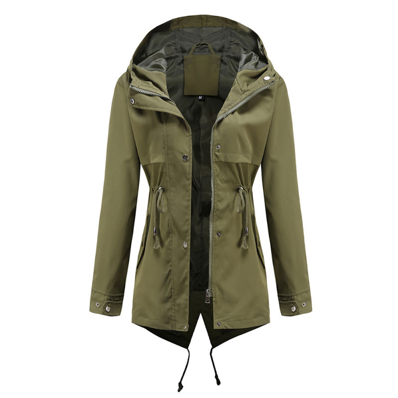 Army Green Waist Drawstring Hooded Outdoor Rainproof Coat TQK280126-27