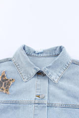 Sky Blue Leopard Star Distressed Cropped Denim Jacket LC788175-4