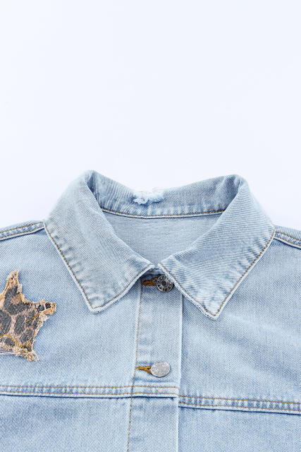 Sky Blue Leopard Star Distressed Cropped Denim Jacket LC788175-4