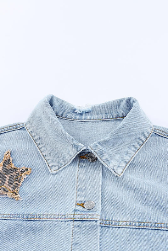 Sky Blue Leopard Star Distressed Cropped Denim Jacket LC788175-4