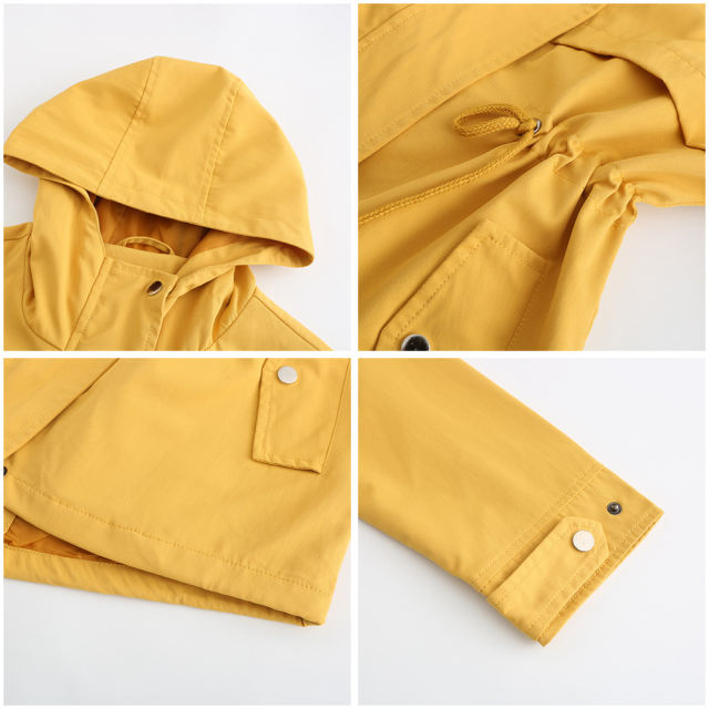 Yellow Waist Drawstring Hooded Outdoor Rainproof Coat TQK280126-7
