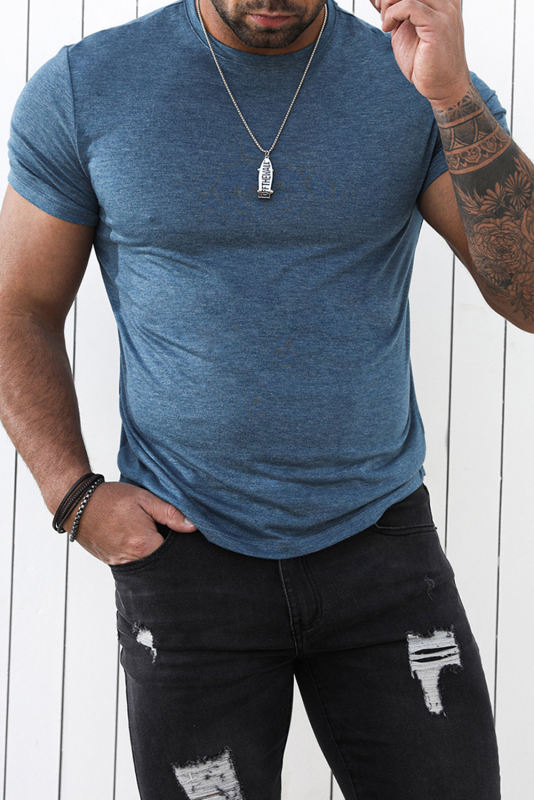 Blue Solid Basic Crewneck Short Sleeve Men\'s T-shirt MC252852-5