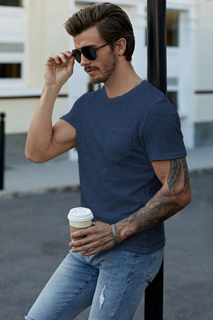 Blue Solid Color Short Sleeve Men\'s T-shirt MC252718-5