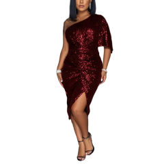 Wine Red One Shoulder Sequin Split Evening Dress TQK310820-23