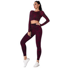Wine Red Camo Knit Seamless Long Sleeve Pant Yoga Set TQE91362-103