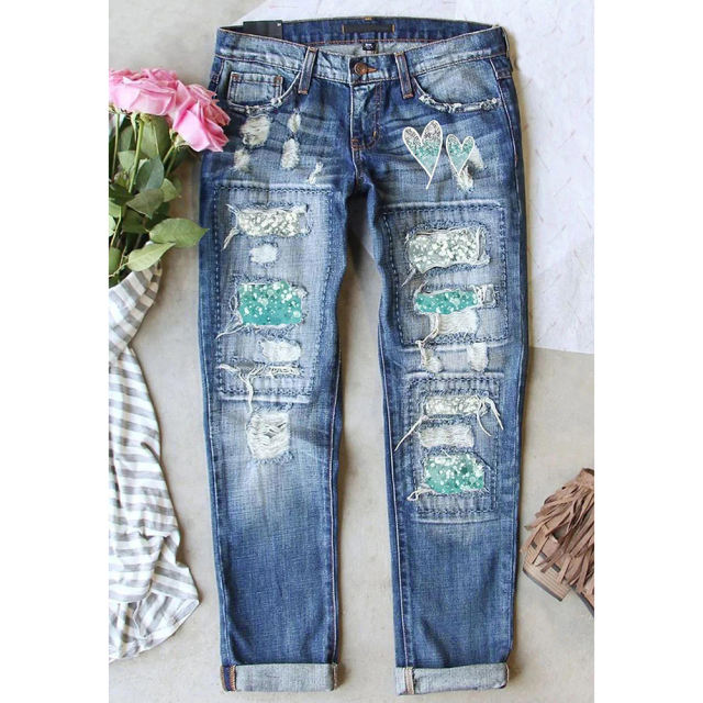 Blue Printed Patchwork Straight Leg Jeans TQF511013-68