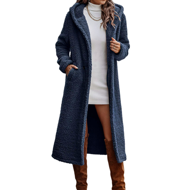 Navy Blue Open Front Long Sleeve Hooded Fleece Coat TQK280217-34