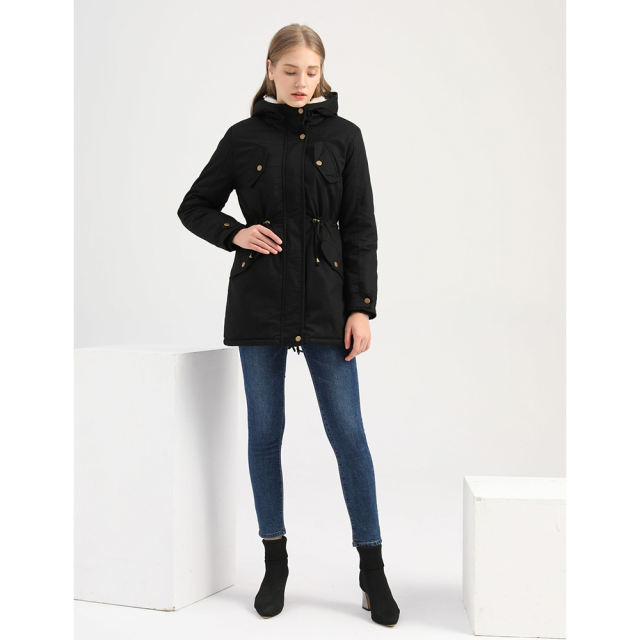 Black Waist Drawstring Plush Hooded Thick Parka Coat TQK280127-2
