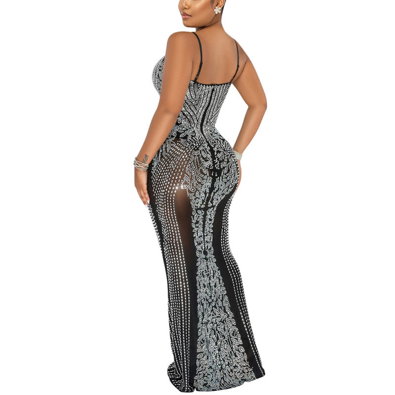 Black Rhinestone See Through Long Maxi Dress TQK310858-2