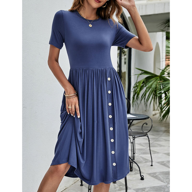 Navy Blue Cotton Blend Button Detail Pocket T-shirt Dress TQK311328-34