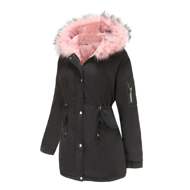 Black Pink Fur Collar Drawstring Waist Warm Hooded Parka Coat TQK280130-2C