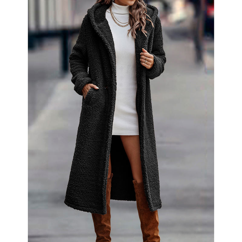 Black Open Front Long Sleeve Hooded Fleece Coat TQK280217-2