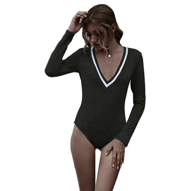 Army Green Cotton Blend V Neck Bodysuit TQK550198-27