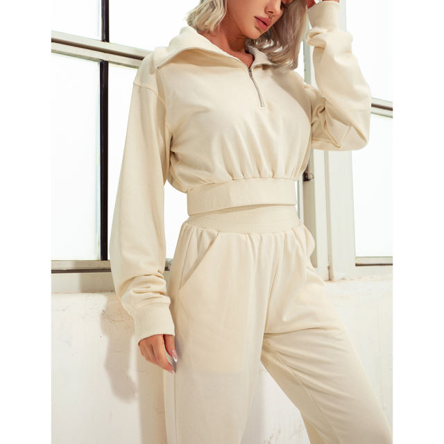 Apricot Zipper-up Cotton Sweatshirt with Pant Sports Set TQE91573-18