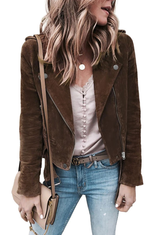 Brown Lapel Collar Zip-up Suede Coat LC8511754-17
