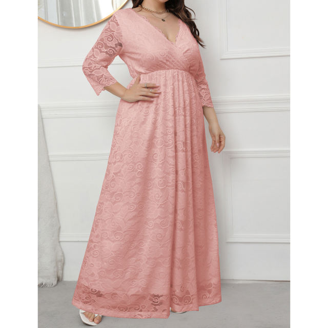 Pink V-Neck Lace Plus Size Dress TQK310997-10