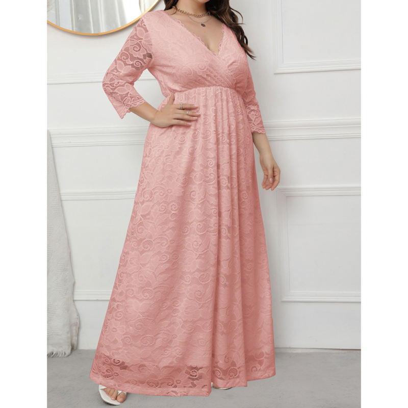 Pink V-Neck Lace Plus Size Dress TQK310997-10