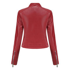 Wine Red PU Stand Collar Short Leather Jacket TQK280124-23