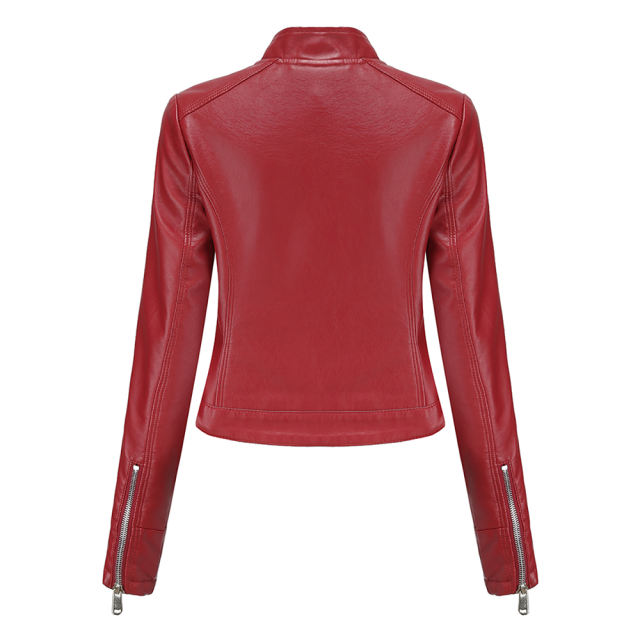 Wine Red PU Stand Collar Short Leather Jacket TQK280124-23