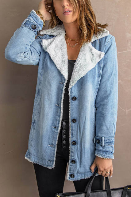 Sky Blue Lapel Collar Button Fleece Jacket LC8511336-4
