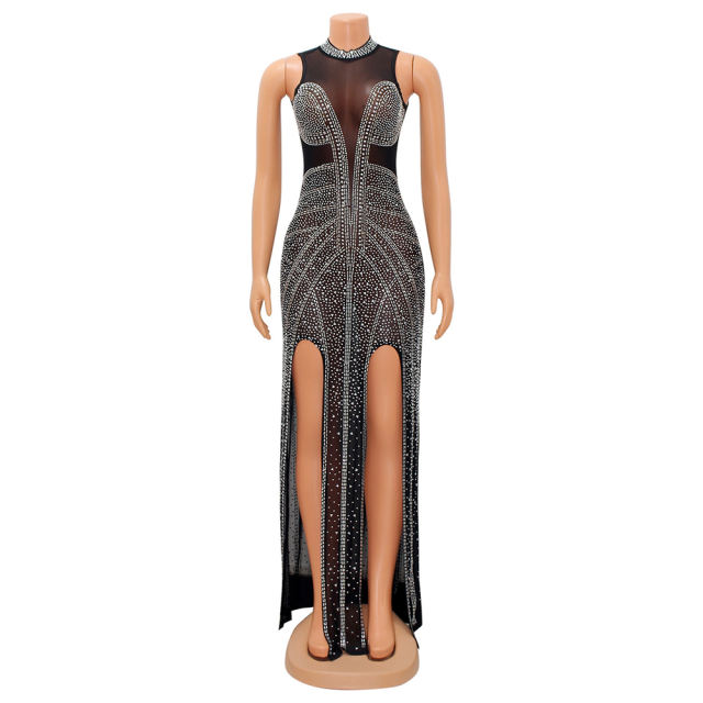 Black Rhinestones Mesh Stand Neck Party Dress  TQK311258-2